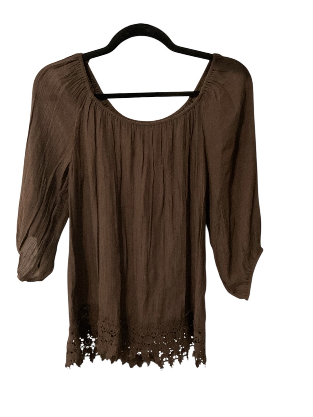Bobeau Brown Boho Peasant Blouse Lace Crochet Hem Size Large - Picture 2 of 5